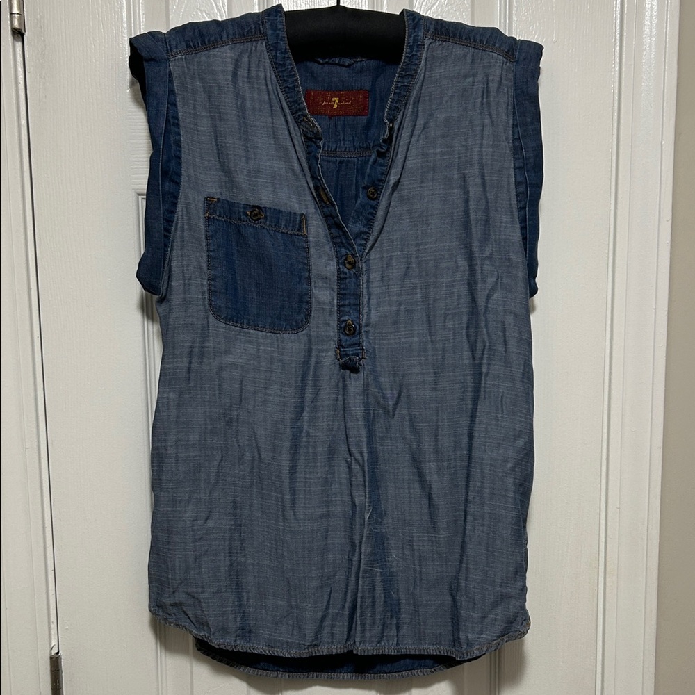 7 For All Mankind Blue Denim Sleeveless Shirt